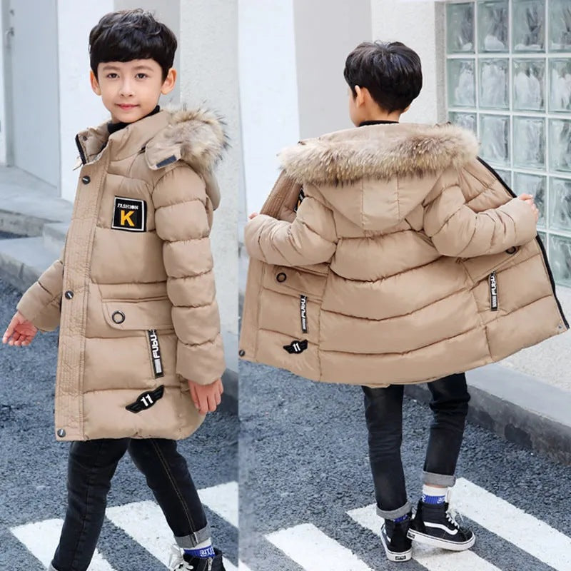 Thick Puffer Coat with Detachable Hood and Faux Fur Collar for Kids