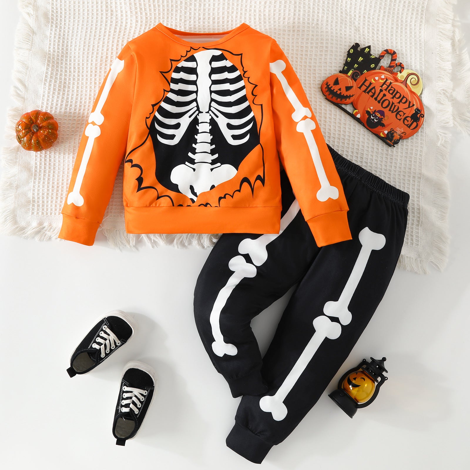 Halloween Bone Print Top and Trousers Two-Piece Set