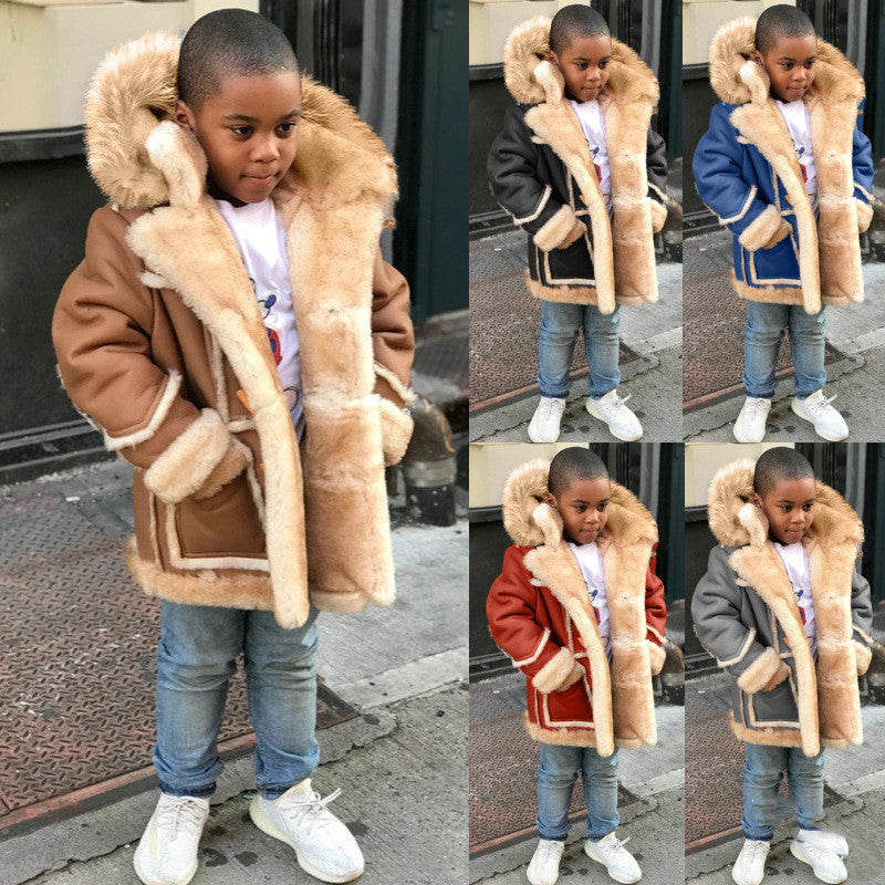 Sherling-Style Faux Fur Lined Coat with Hood for Kids