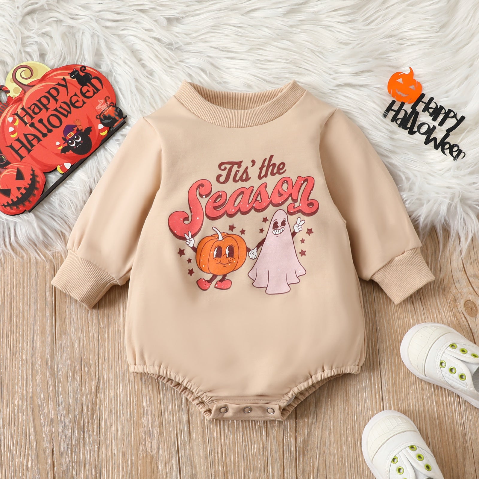 Festive Halloween Pumpkin Alphabet Romper - Long Sleeve and Adorable Cartoon Design